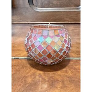 Iridescent Mosaic Glass Candle Holder Orange Jar Candle Pink Gold Boho Decor